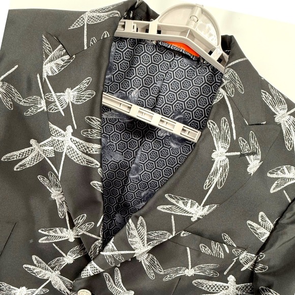 TALLIA Dragonfly Print Blazer Dinner Jacket Mens 40S Black Silver Festive